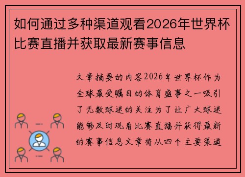 如何通过多种渠道观看2026年世界杯比赛直播并获取最新赛事信息